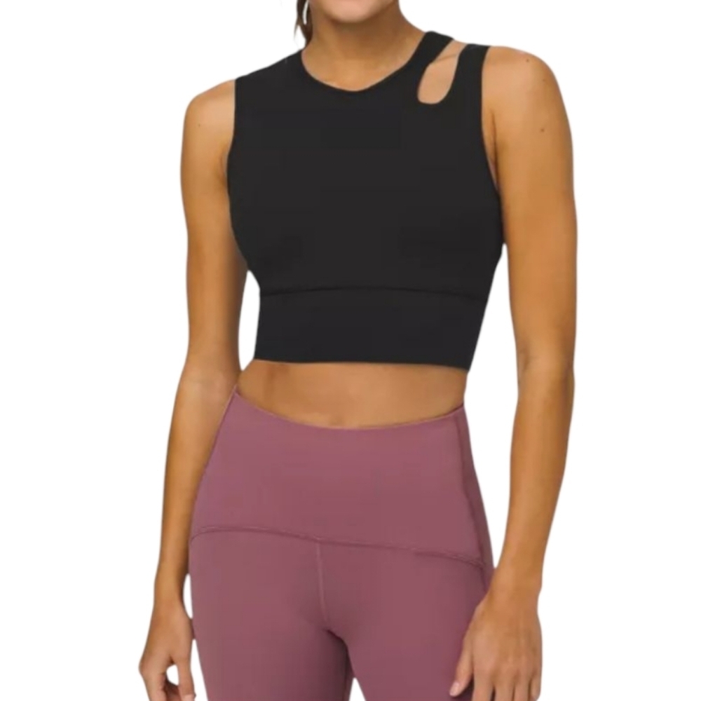 Lululemon Black Mastered Motion Cropped asymmetrical Top With The Built In Bra12 - Picture 6 of 7